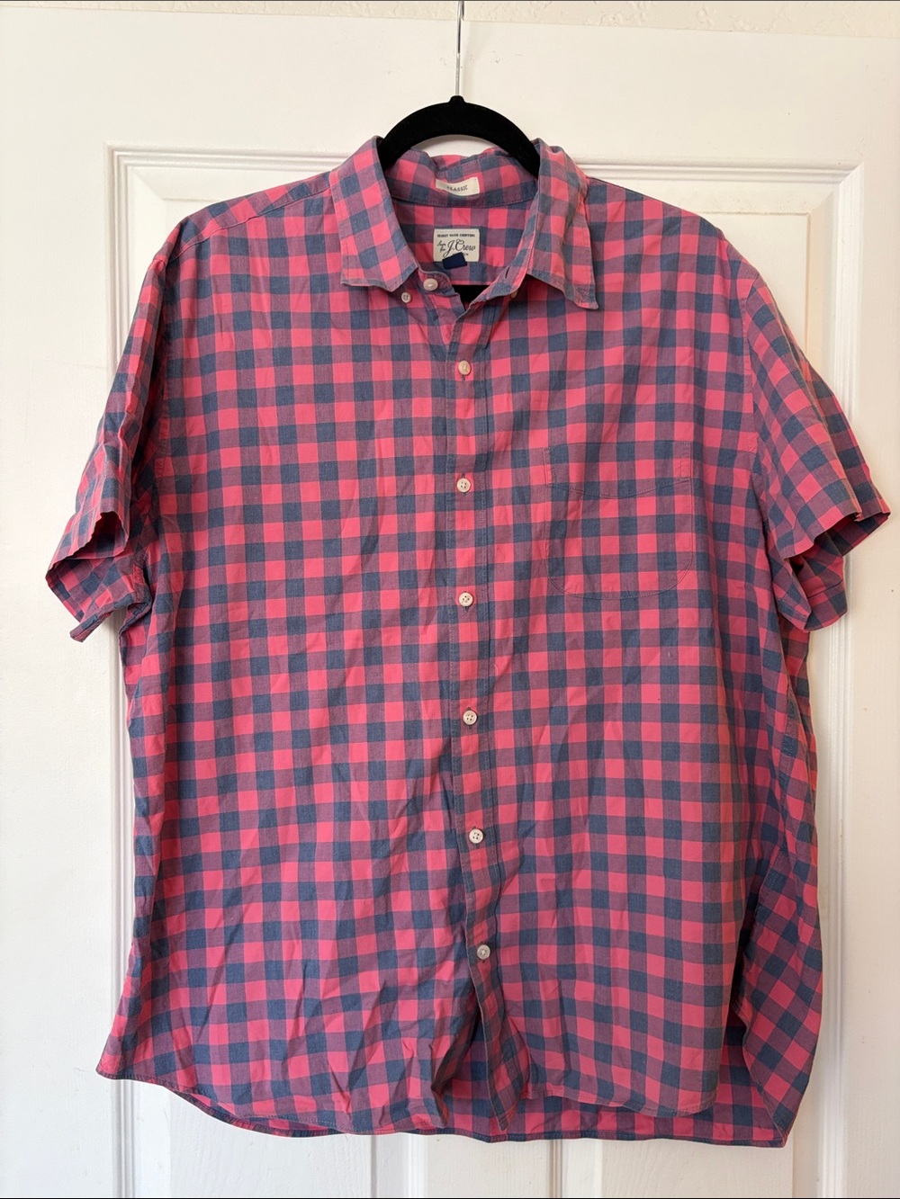J. CREW Men's Pink and Blue Gingham Short-Sleeve Button Up Shirt